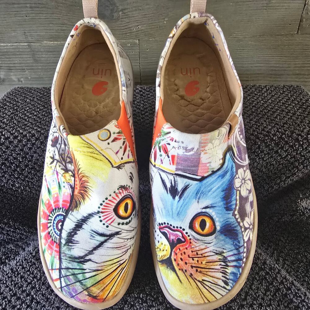 UIN Women’s Size 7 Canvas Cat Print Slip On Shoes Colorful Travel Loafers Casual